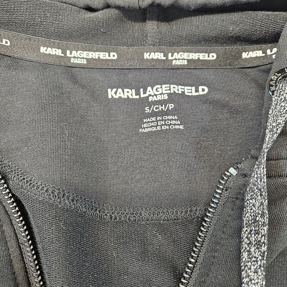 Karl Lagerfeld Black Hoodie Full Zip Spellout Tape With Sparkles Womens Small - Picture 3 of 8
